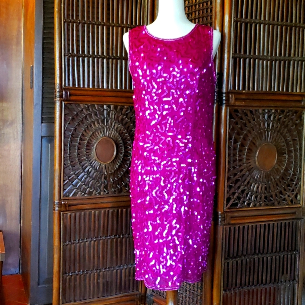 STYLEWORKS Sequined Silk Cocktail Dress - Magenta Pink - 16 - EUC